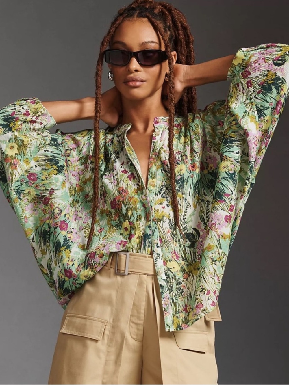 Pilcro Anthropologie Sydney Batwing Blouse Floral Green Peasant Balloon L